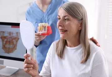 Mature woman looking in a hand mirror while a dental professional shows her a dental implants model
